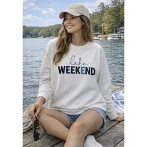 Lake Weekend Sweatshirt Women’s Large White Graphic Crewneck Cozy Casual Natural